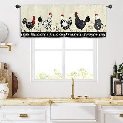 Miyotaa Rooster Chiken Kitchen Curtain Valance 54W x 18H Rod Pocket Farmhouse Rustic Rural Farm Country Window Treatment for Living Room Bedroom Bathroom - color: Cute Farm Rooster, size: 54"W x 18"L (Pack of 1)