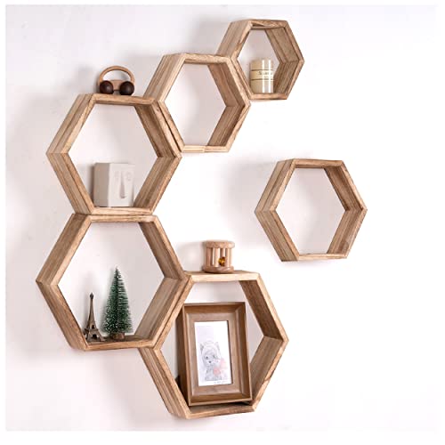 WONFUlity Hexagon Floating Shelves, Hexagonal Shelf Wall Mounted Storage - color: Light Brown, size: 6PC