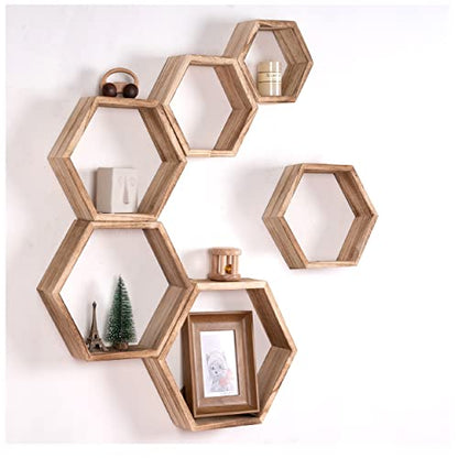 WONFUlity Hexagon Floating Shelves, Hexagonal Shelf Wall Mounted Storage - color: Light Brown, size: 6PC