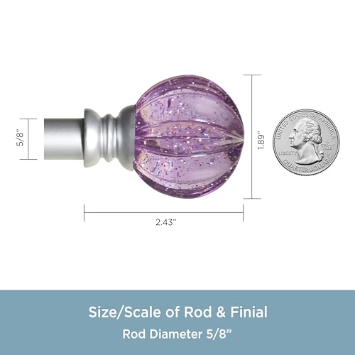 Kenney – Estrella Curtain Rod, Durable Steel with Purple Sparkle Fluted Acrylic Ends, 5/8" Diameter, Adjustable 48–86", Brushed Nickel Finish