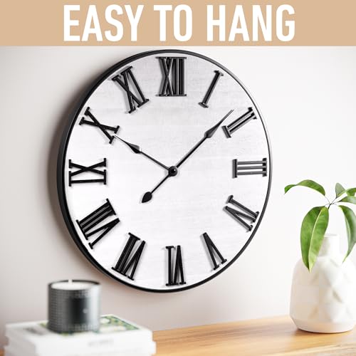 Large Wall Clock 24" Round, Silent Metal & Wood with Big 3D Roman Numerals - color: White