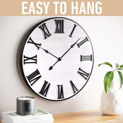 Large Wall Clock 24" Round, Silent Metal & Wood with Big 3D Roman Numerals - color: White