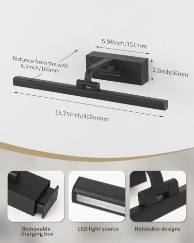 15.75'' Wireless Picture Lights for Wall Removable Battery Charging - color: Black, size: 15.75 inch-3W
