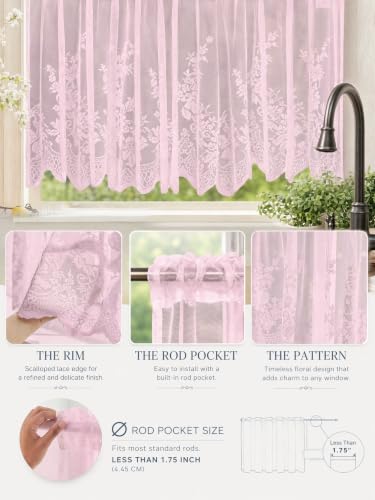 Molaxhome Kitchen Curtains Valance Pink Lace Floral Semi Sheer Curtain - color: Pink, size: 51"W x 16"L (Pack of 1)