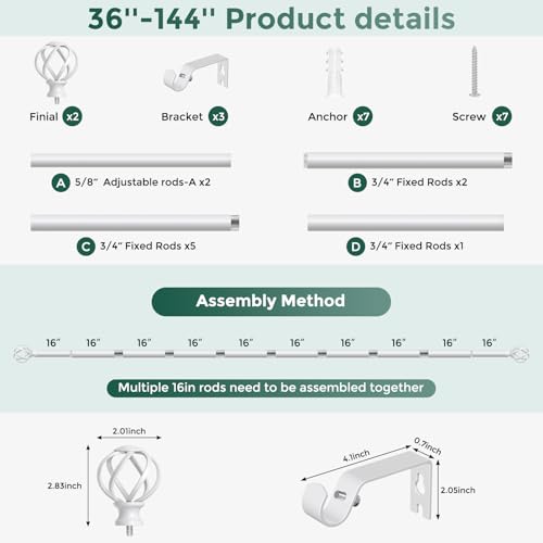 VOIIY White Curtain Rod 36-144 Inch, Adjustable Curtain Rods for Windows - color: White, size: 36"-144"|1 Pack