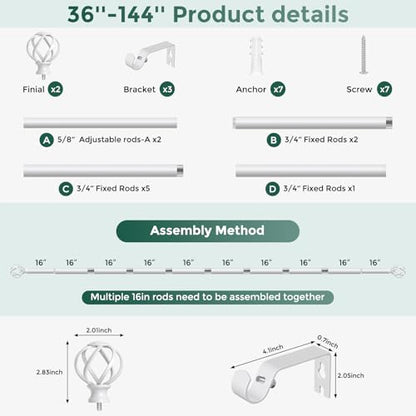 VOIIY White Curtain Rod 36-144 Inch, Adjustable Curtain Rods for Windows - color: White, size: 36"-144"|1 Pack