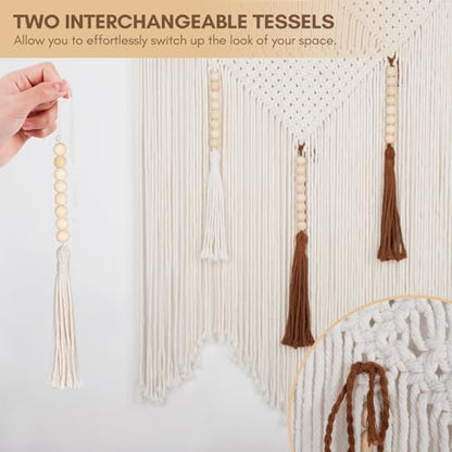 Large Macrame Wall Hanging, Boho Woven Tapestry with Wood Bead Tassel - size: Medium