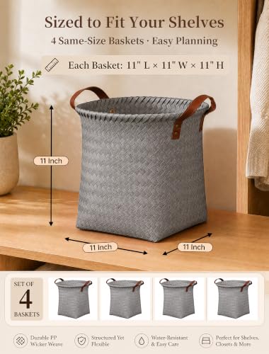 Wicker Storage Baskets, 4 Pack Woven Baskets for Shelves, Grey - color: Round Gray