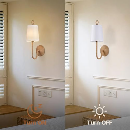 Natural Rattan Wall Sconce Set of 2: Boho Coastal Rope Woven Lamps with Linen Fabric Shades for Living Room, Bedroom, Bedside, Vanity and Hallway - color: Hardwired