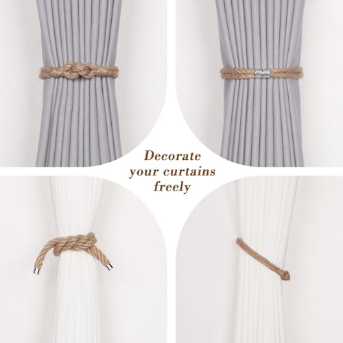 NICEEC 2 Pack Natural Jute Rope Curtain Tiebacks Elegant Boho Style Magnetic Drape Tie Backs Soft Hand-Woven Rope Curtain Holdbacks for Home & Office Drapery (Jute knot-05) - color: Jute Knot-05, size: 2 Pack