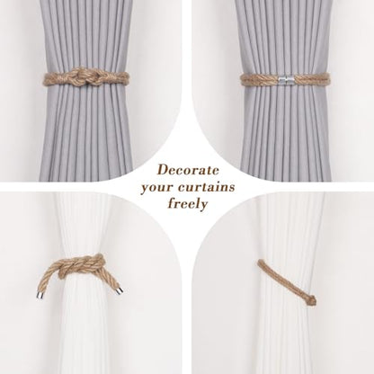 NICEEC 2 Pack Natural Jute Rope Curtain Tiebacks Elegant Boho Style Magnetic Drape Tie Backs Soft Hand-Woven Rope Curtain Holdbacks for Home & Office Drapery (Jute knot-05) - color: Jute Knot-05, size: 2 Pack