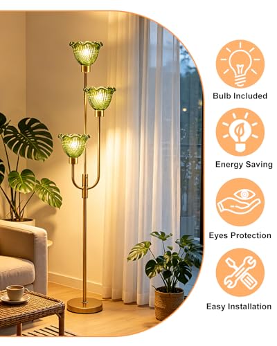 Glass Floor Lamp 66IN 3-Light Modern Green Glass Gold Dimmable Floor Lamps - color: Green Flower-Gold