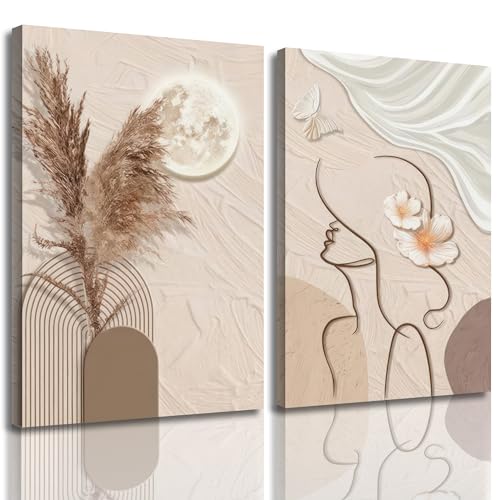 Abstract Line Woman Face with Pampas Grass Moon Canvas Wall Decor 12x16in - size: 12x16in canvas