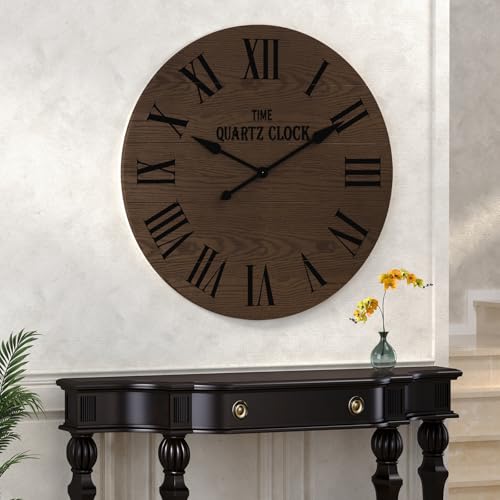 ARTPOWER 35.5" Extra Large Farmhouse Wall Clock,Solid Wood Veneer,Brown - color: Brown, size: 35.5"W x 35.5"H