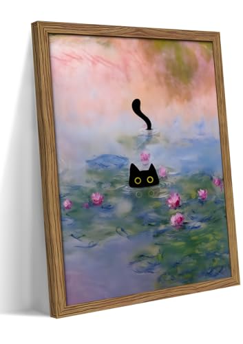 Vintage Framed Cat Canvas Wall Art Monet Print, Funny Black Cat in Water Lilies Poster, Monet Office Wall Decor, Floral Oil Painting Picture Artwork for Living Room Bathroom Aesthetic – 8x10 inch - color: Black Cat Swimming, size: 10"L x 8"W