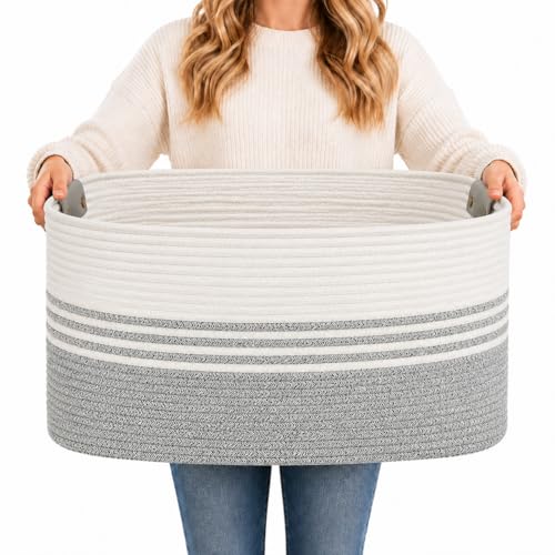 Laundry Hamper with Handles, 72L Rope Laundry Basket, Grey & White - color: Grey & White, size: 72L