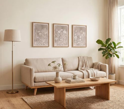 Neutral Floral Wall Art Set of 3, Brown Framed Botanical Canvas Prints - color: White flowers, size: 16x12