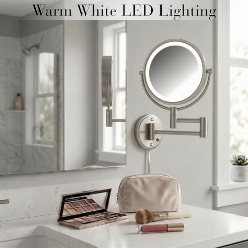 JERDON Lighted Wall-Mount Makeup Mirror - 8X - Nickel - HL88NL - color: Nickel Plug in