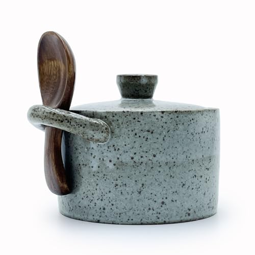 8 oz Ceramic Salt Cellar with Lid & Wooden Spoon,Countertop Salt Container,Sugar Bowl,Spices Jar| Artisan Kitchen Decor(Gray) - color: Gray