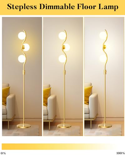 Lightdot 60IN Gold Floor Lamp Stepless Dimmable Globe Floor Lamps with 3Pcs 3000K Bulbs Included Eye-Friendly Mid Century Standing Lamps with 5Lbs Heavy Base for Living Room/Bedroom/Sofa Beside - color: 3 Globe-Gold S