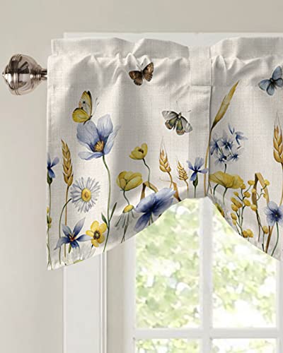 Butter-fly Leaves Tie Up Valance Curtain for Kitchen Living Room Bedroom Bathroom Cafe,Rod Pocket Short Window Drape Panel Adjustable Drapary Print,Elegant Fall Yellow Blue Yellow Daisy Beige 42"x18" - size: 42"W x 18"L (Pack of 1)