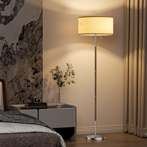 2-Light 3 Color Temperature Mid Century Floor Lamp for Living Room - color: Nickel Silver & Beige