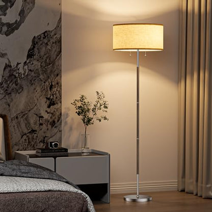 2-Light 3 Color Temperature Mid Century Floor Lamp for Living Room - color: Nickel Silver & Beige