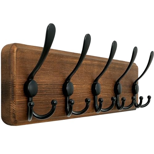 WEBI Rustic Coat Rack Wall Mount,Solid Wood Coat Hooks Wall Mounted Coat Hanger,16" Hole to Hole,Hook Rack Rail,5 Triple Hooks for Hanging Coats,Jacket,Clothes,Farmhouse,Brown - color: Brown, size: 5 Hooks