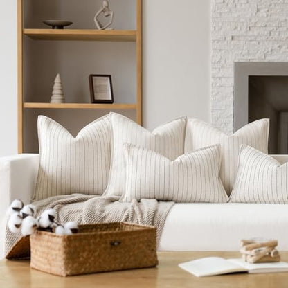 MOROCO Linen Striped Throw Pillow Covers 20x20 Set of 2, Beige - color: Beige, size: 20" x 20" (Pack of 2)