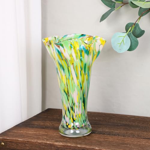 9.0" H Green Glass Vases for Flower, Unique Hand Blown Glass Vase - color: Green