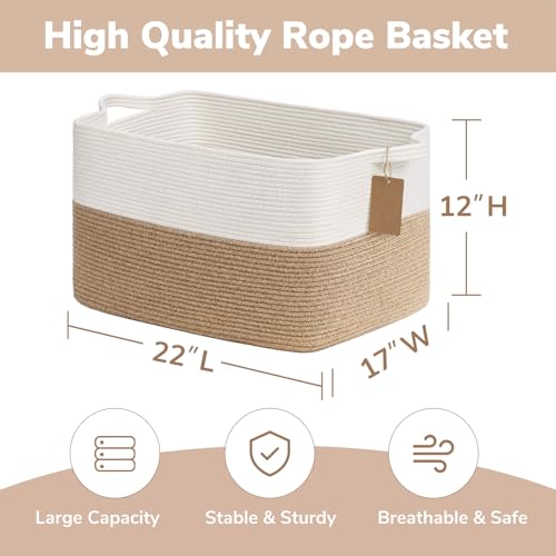 Goodpick 75L Extra Large Woven Rope Blanket Basket, Rectangle, Jute - color: Jute, size: 22"L x 17"W x 12"H