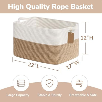 Goodpick 75L Extra Large Woven Rope Blanket Basket, Rectangle, Jute - color: Jute, size: 22"L x 17"W x 12"H