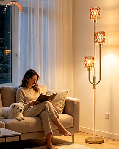 66IN Glass Floor Lamp 3-Light Modern Red Glass Gold Dimmable Floor Lamps - color: Deep Red Cylinder-Gold