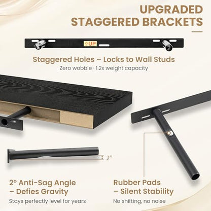 24 Inch Long Floating Shelves for Wall Set of 1, 12"D Wood Grain Shelves - color: Black, size: 24"Wx12"Dx2"H, 1P