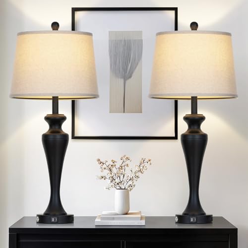 30" Black Table Lamps Set of 2, Touch Control Tall Living Room Lamp with USB A+C Ports and AC Outlet, 3-Way Dimmable Bedside Lamps for Nightstand, Modern Metal Bedroom Lamp, 2 Bulbs Included - color: Black