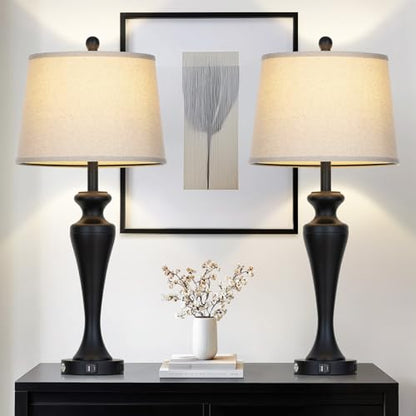 30" Black Table Lamps Set of 2, Touch Control Tall Living Room Lamp with USB A+C Ports and AC Outlet, 3-Way Dimmable Bedside Lamps for Nightstand, Modern Metal Bedroom Lamp, 2 Bulbs Included - color: Black