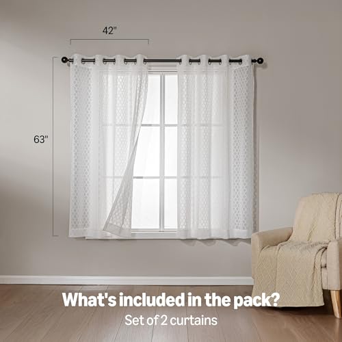 Amazon Basics Lace Sheer Curtains for Living Room and Bedroom, 2-Panel Set with Grommet, 42" W × 63" L, White Cloverleaf - color: White Cloverleaf, size: 42"W x 63"L (Pack of 2)