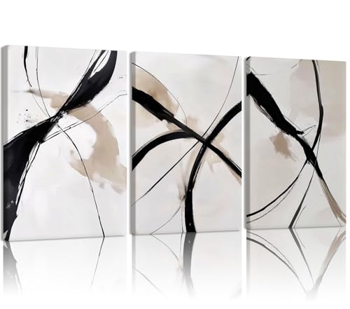 RZIGERNO 3 Pcs Abstract Line Wall Art Modern Minimalist Framed Canvas Prints 12x16 Inch Neutral Black and Beige Wall Decor Posters for Living Room Bedroom Office - color: Abstract lines, size: 16"L x 12"W