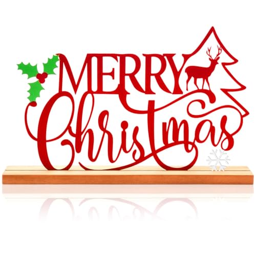 Metal Merry Christmas Table Sign Xmas Tabletop Centerpiece with Wooden Base Freestanding Rustic Tiered Tray Decor for Home Mantel Shelf Fireplace Decoration (Red) - color: Red