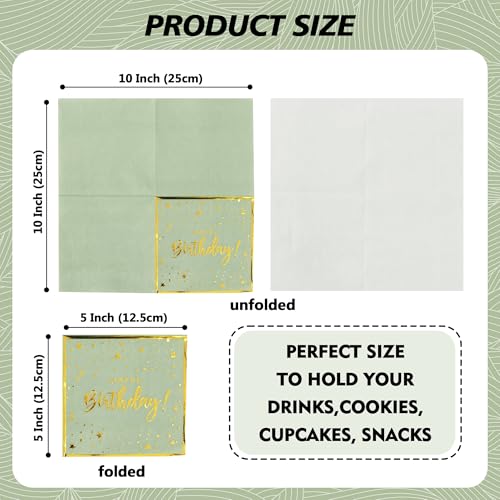 Vuzvuv 52 Pack Happy Birthday Cocktail Napkins with Confetti Gold Stamping - Birthday Party Dinner Hand Napkin for Party Supplies Decorations Table Decor for women man(5" Folded 3 Ply-Sage Green) - color: Confetti HBD Sage Green