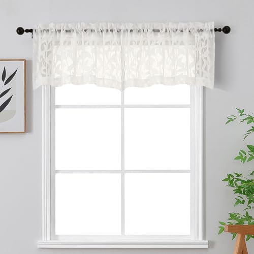 OWENIE Leyna 14 Inch Ivory Valance for Windows 2 PCS Sheer Curtains, Jacquard Leaves Textured Semi Small Kitchen Valances Curtain for Living Room Bedroom, Modern Rod Pocket Drapes, 40Wx14L Inch - color: Ivory, size: 40"W x 14"L (Pack of 2)