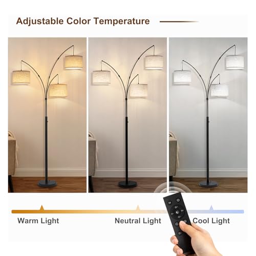 3 Light Arc Floor Lamp with Remote, Beige Shade Black Pole - color: Black-Beige Shade, size: 3