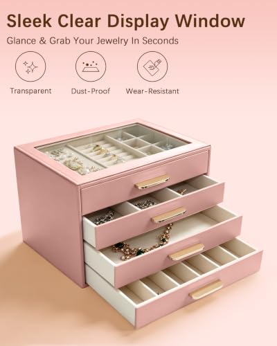 Homeanda Jewelry Boxes Organizer with Glass Lid, 4-Layer PU Leather, Pink - color: Mauve Pink, size: 4 Layer