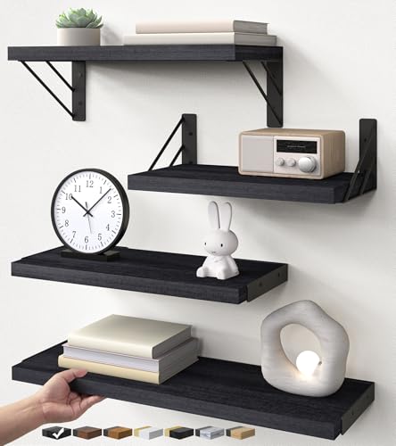 BAYKA Wall Mounted Black Floating Shelves for Wall (Set of 4, 16" Mixed) - color: A. Black Board & Black Brackets, size: 16 inches Mixed