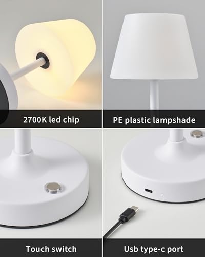 PUSU Cordless LED White Small Table Lamp, Waterproof Shower Desk lamp - color: Matte White (Metal + PE Plastic)
