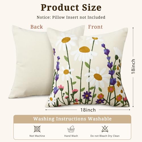 Floral Embroidered Pillow Covers 18x18 Inch Set of 1, White Daisy - color: Falling Petals