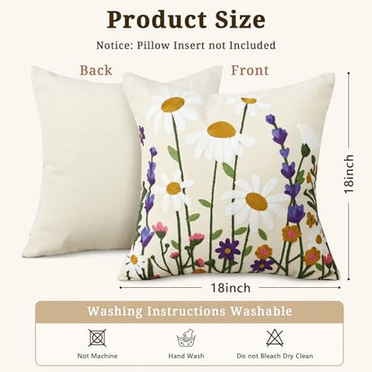 Floral Embroidered Pillow Covers 18x18 Inch Set of 1, White Daisy - color: Falling Petals