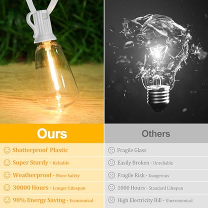 Brightever 100FT Outdoor String Lights 52 Bulbs, Waterproof Patio Lights - color: White Wire Warm White, size: 100FT