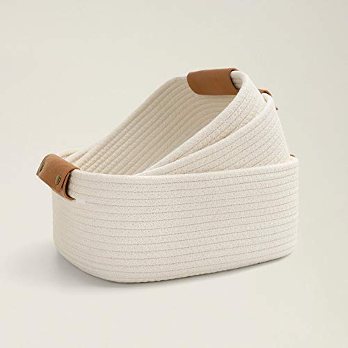 CHICVITA 3 Pack Woven Rope Gift Basket with Leather Handles, White - color: White, size: 11.4 x 10.6 x 5.5 Inch (3 Pack)