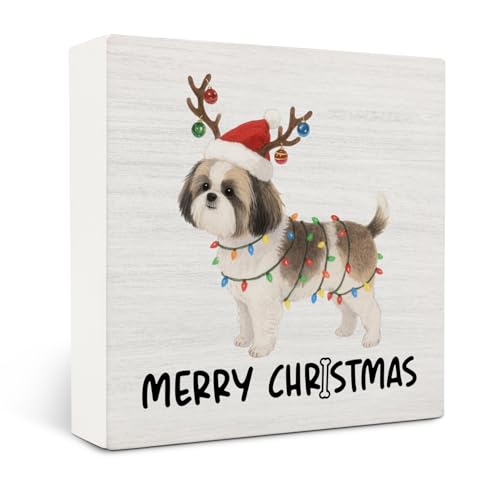 Shih Tzu Merry Christmas Wooden Box Sign Desk Decor, Shih Tzu Gifts, Christmas Dog Wood Block Sign for Home Bedroom Office Desk Table Shelf Wall Decorations, 5x5 Inch - color: Shih Tzu